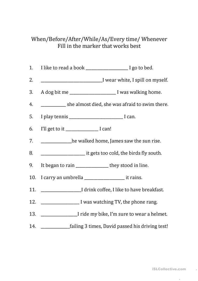 Adverb Clauses  Fill In The Marker  English Esl Worksheets