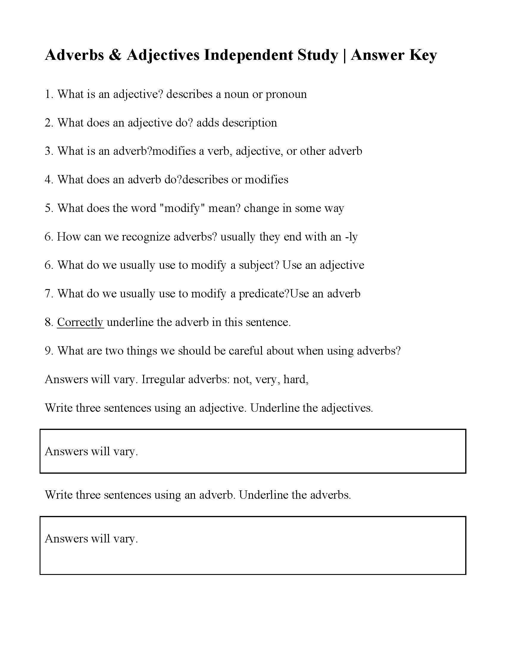 Adverbs And Adjectives Independent Study Activity  Answers