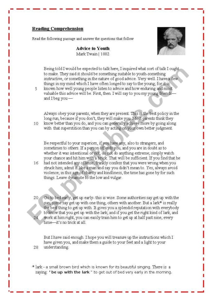 Advice To Youth Mark Tin  Esl Worksheetanatavner