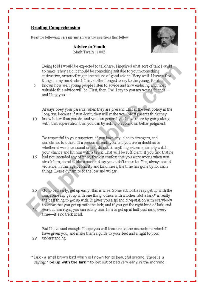 Advice To Youth Mark Tin  Esl Worksheetanatavner