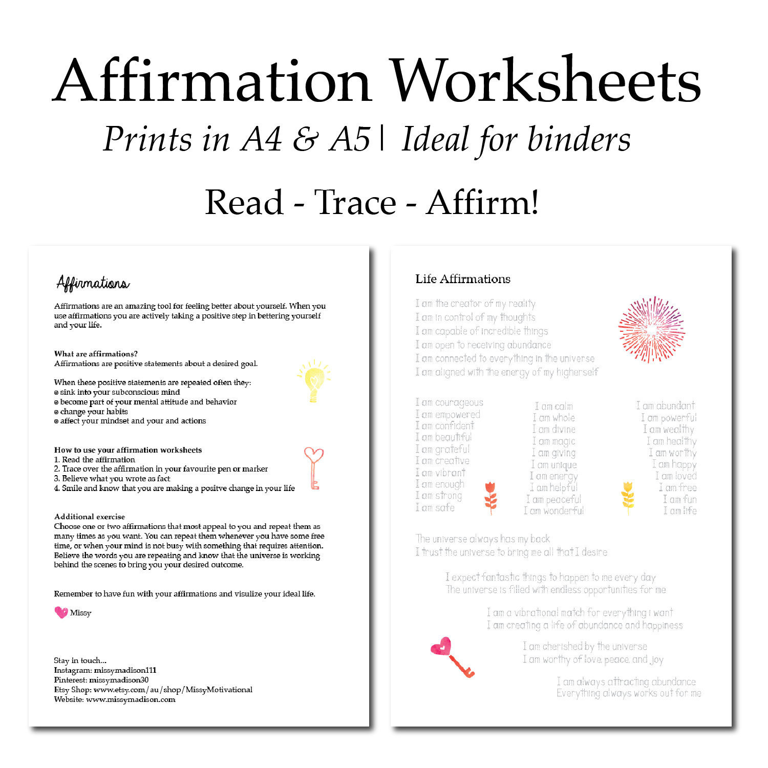 Affirmation Worksheets  Manifestation Law Of Attraction Motivational  Affirmations Printable Worksheet Digital Download