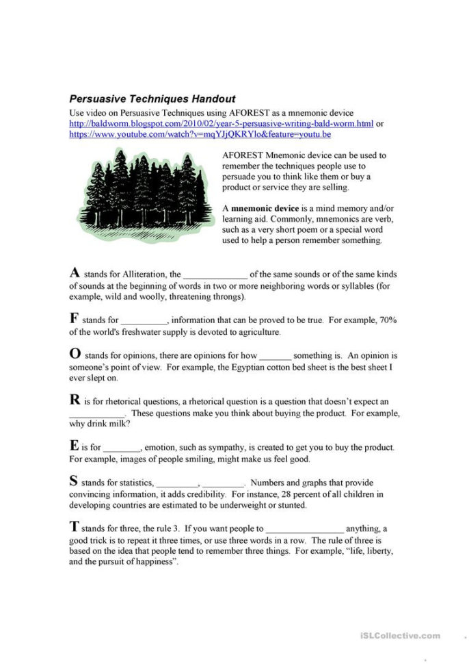 Aforest Persuasive Techniques  English Esl Worksheets