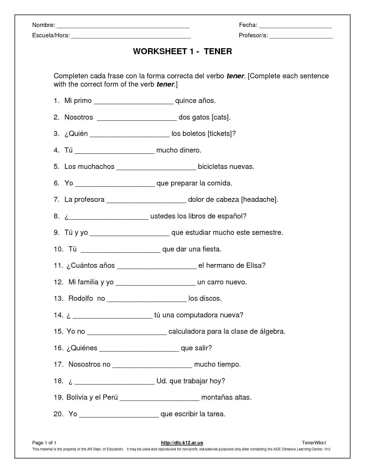 Spanish To English Worksheets With Answers