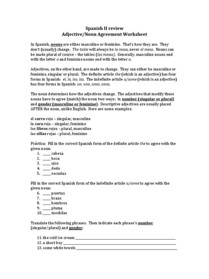 Agreement Of Adjectives Spanish Worksheet Answers 108625