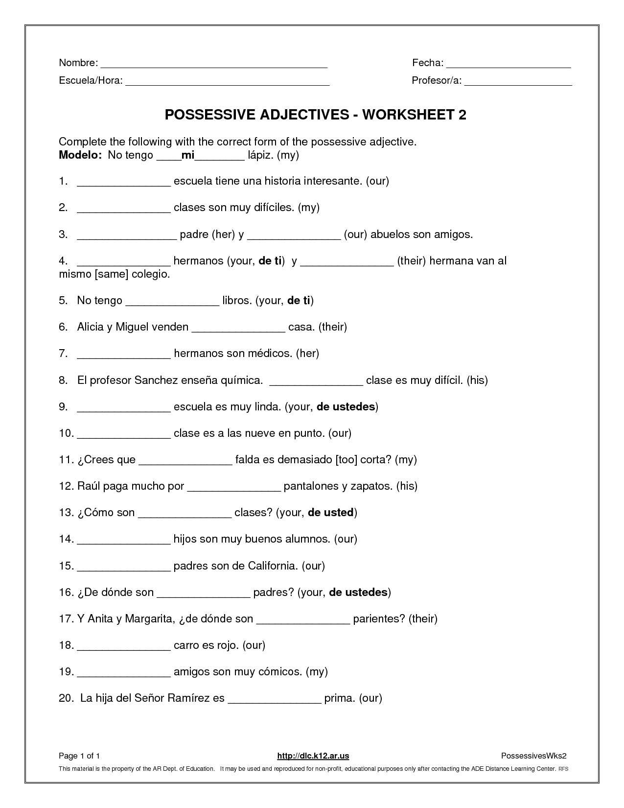 Agreement Of Adjectives Spanish Worksheet Answers 108625 Db excel