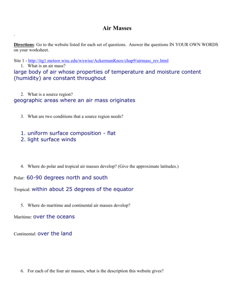 Air Masses Webquest Key