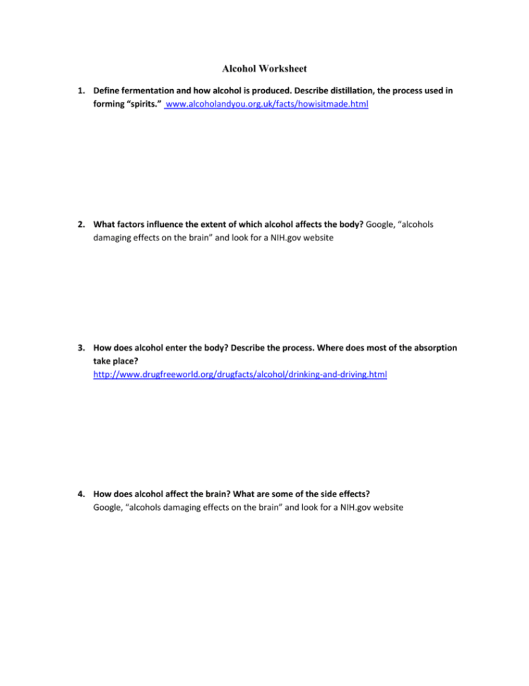 Alcohol Worksheet Lesson 1