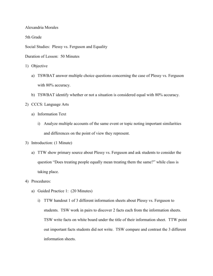 Plessy V Ferguson 1896 Worksheet Answers