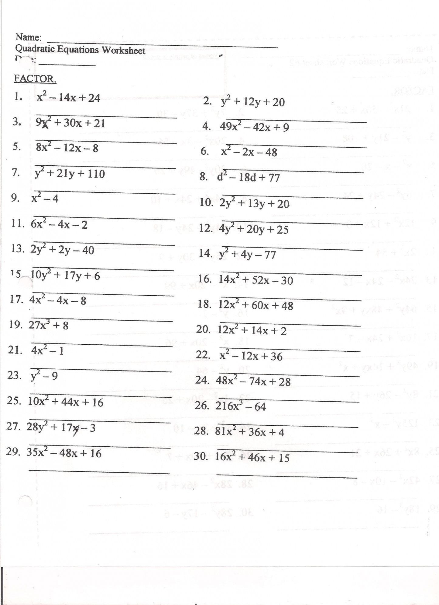 Algebra 1 Assignment Factor Each Completely Worksheet
