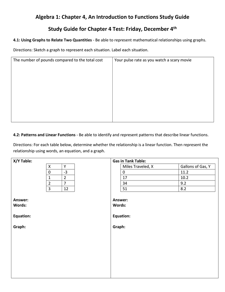 Algebra 1 Chapter 4 An Introduction To Functions Study Guide