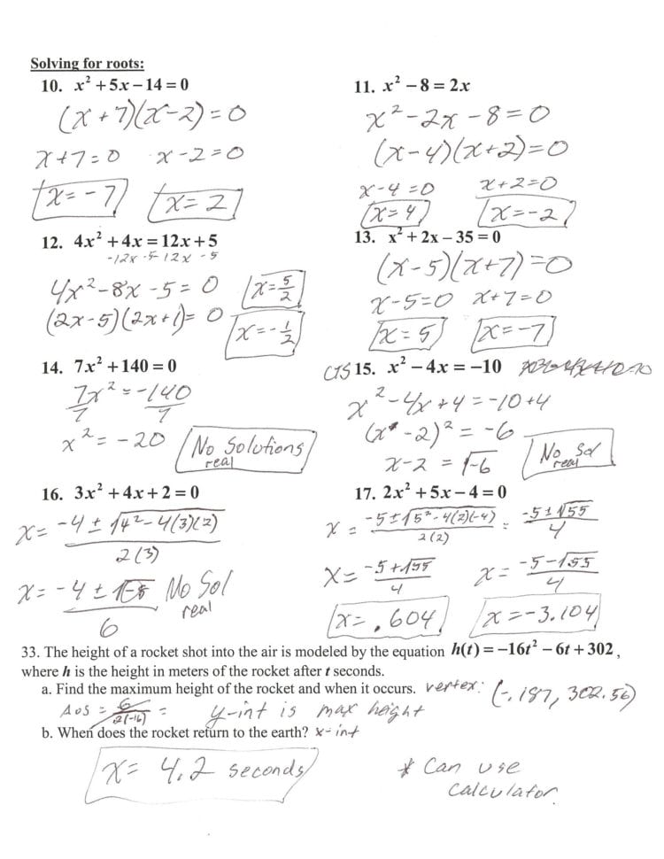 Algebra 1 Quadratic Test Review Answer Key  Rademaker