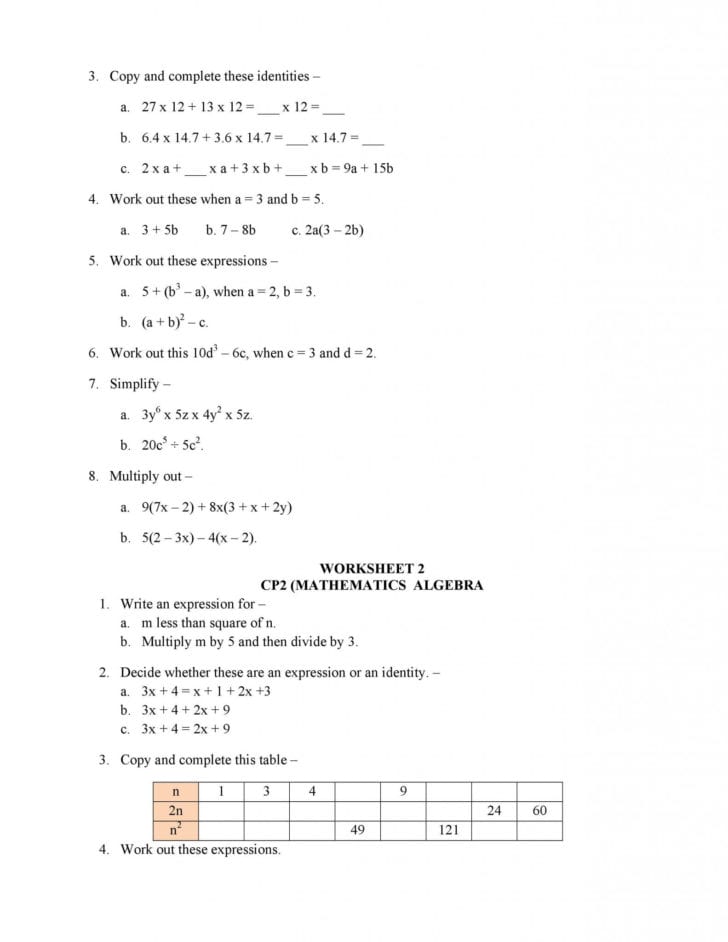 Translate Algebraic Expressions Worksheets With Answers