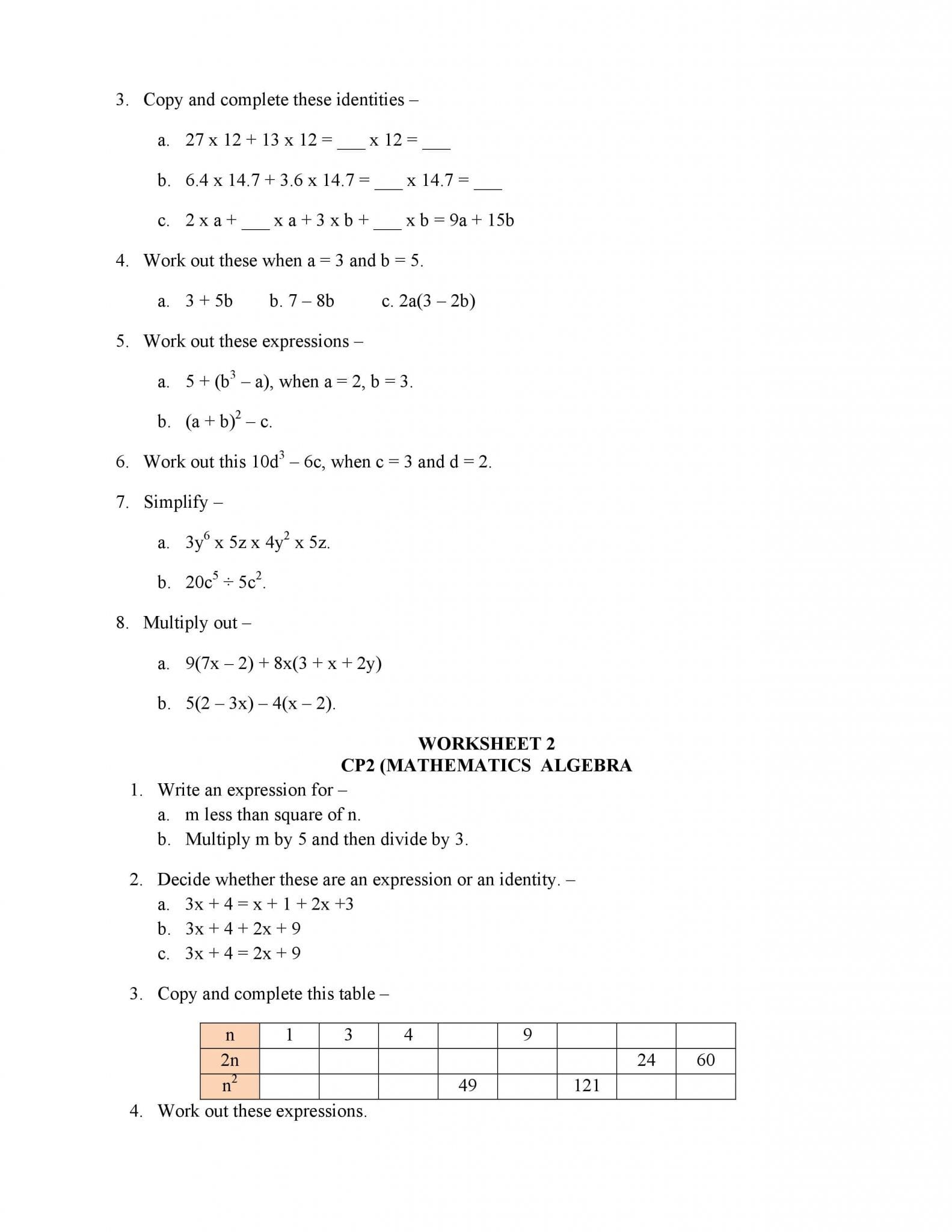 Translating Algebraic Expressions Worksheet