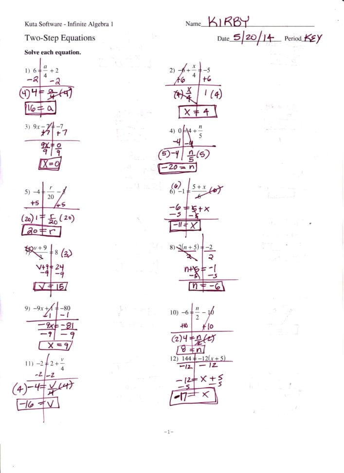 Algebra 1 Worksheets And Answer Key