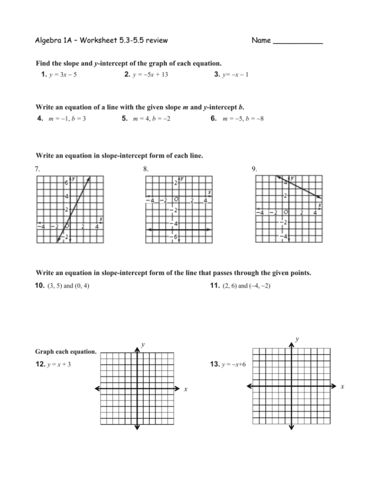 Algebra 1 Slope Intercept Form Worksheet 1 — Db-excel.com