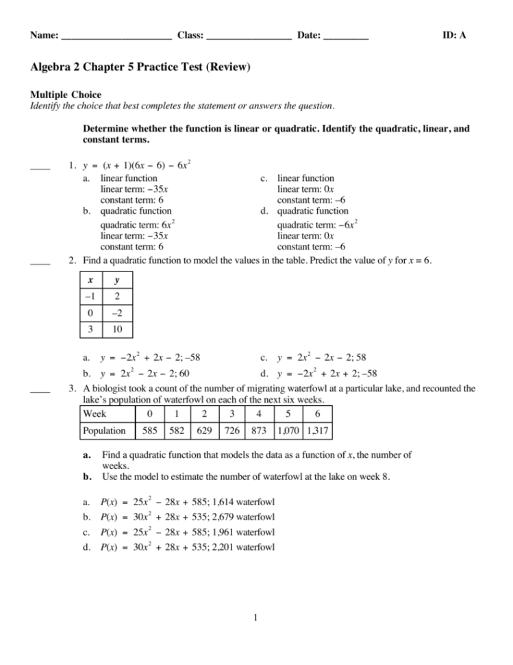 Algebra 2 Chapter 5 Practice Test Review