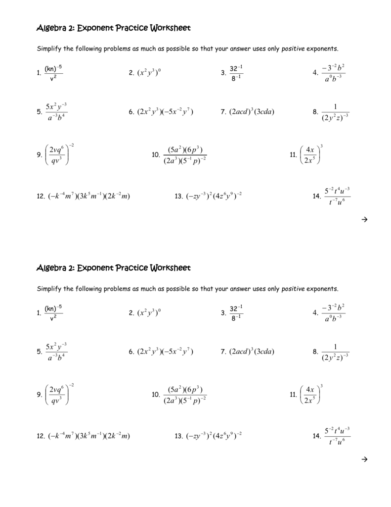 Algebra 2 Exponent Practice Worksheet