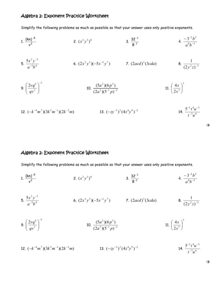 Algebra 2 Exponent Practice Worksheet Answers — db-excel.com