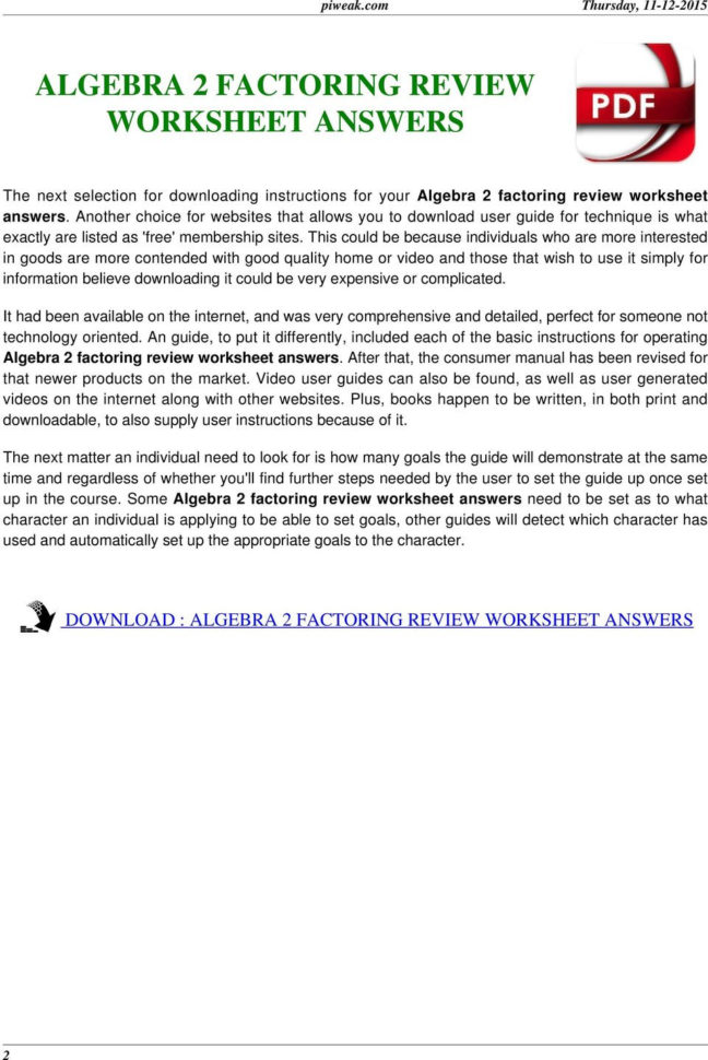 Algebra 2 Factoring Review Worksheet Answers  Pdf