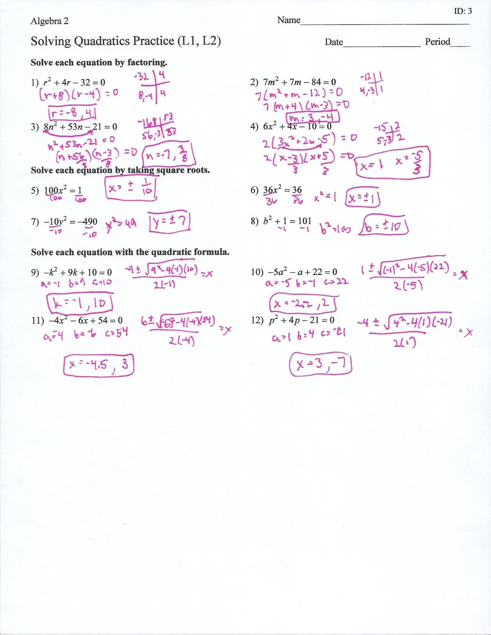solving quadratic equations by factoring answer key