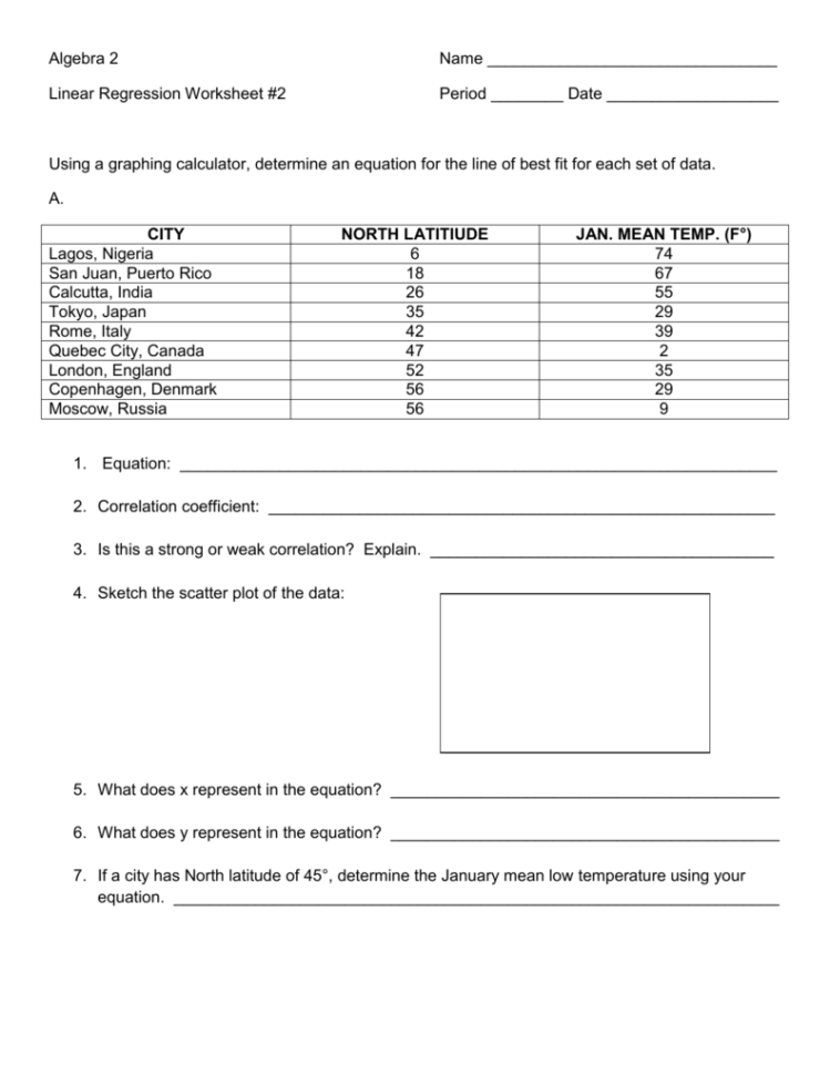 find linear regression equation calculator worksheet