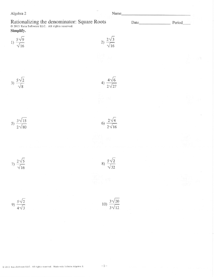 Rationalizing The Denominator Worksheet