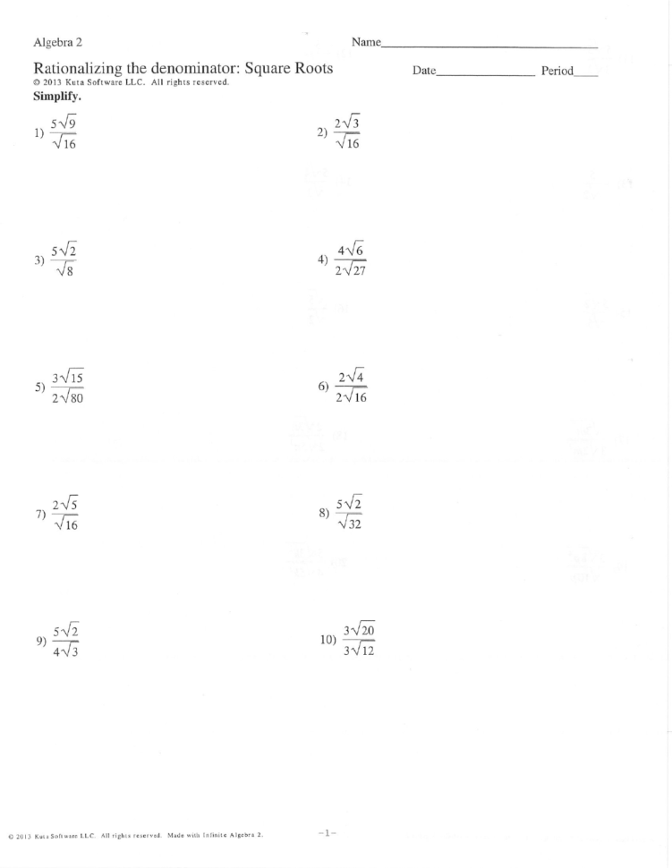 Algebra 2 Rationalizing The Denominator Square Roots C