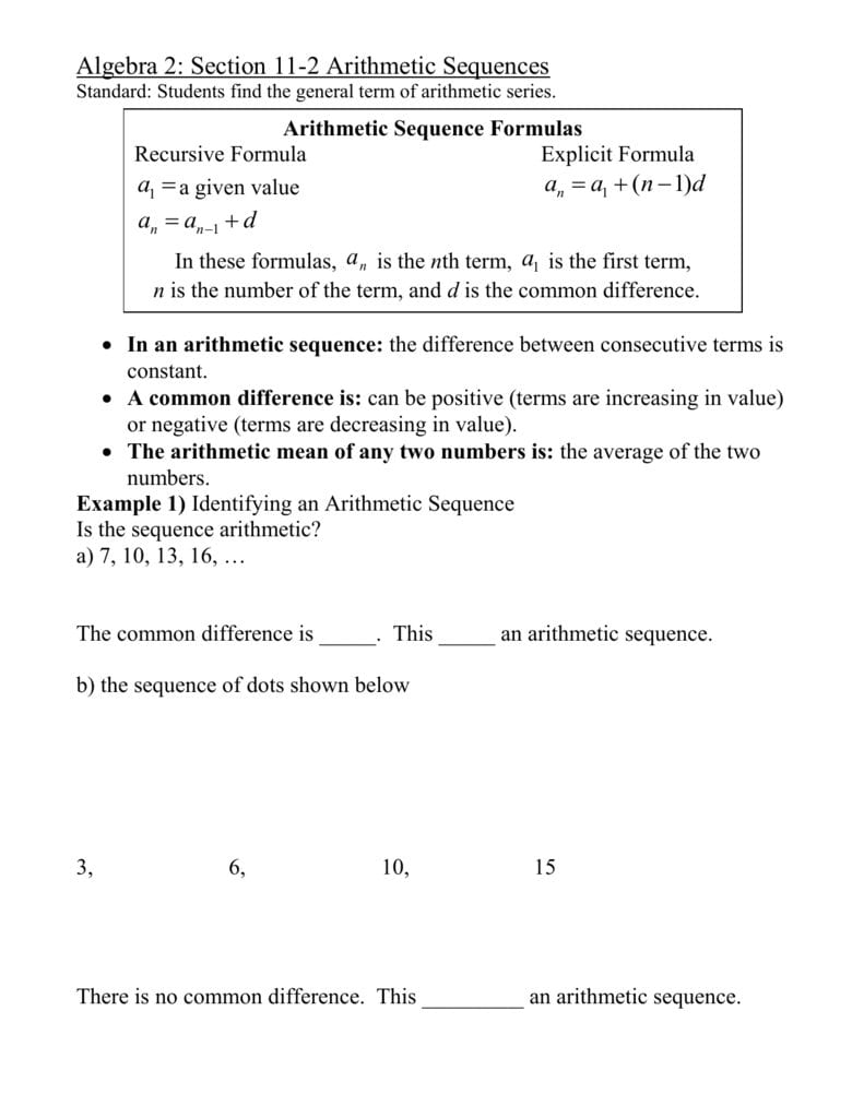 Algebra 2 Section 112 Arithmetic Sequences