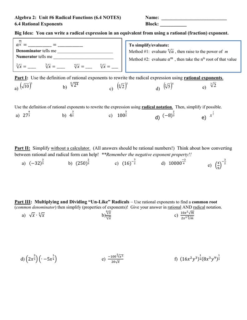 Algebra 2 Unit 6 Radical Functions 64 Notes Name 64