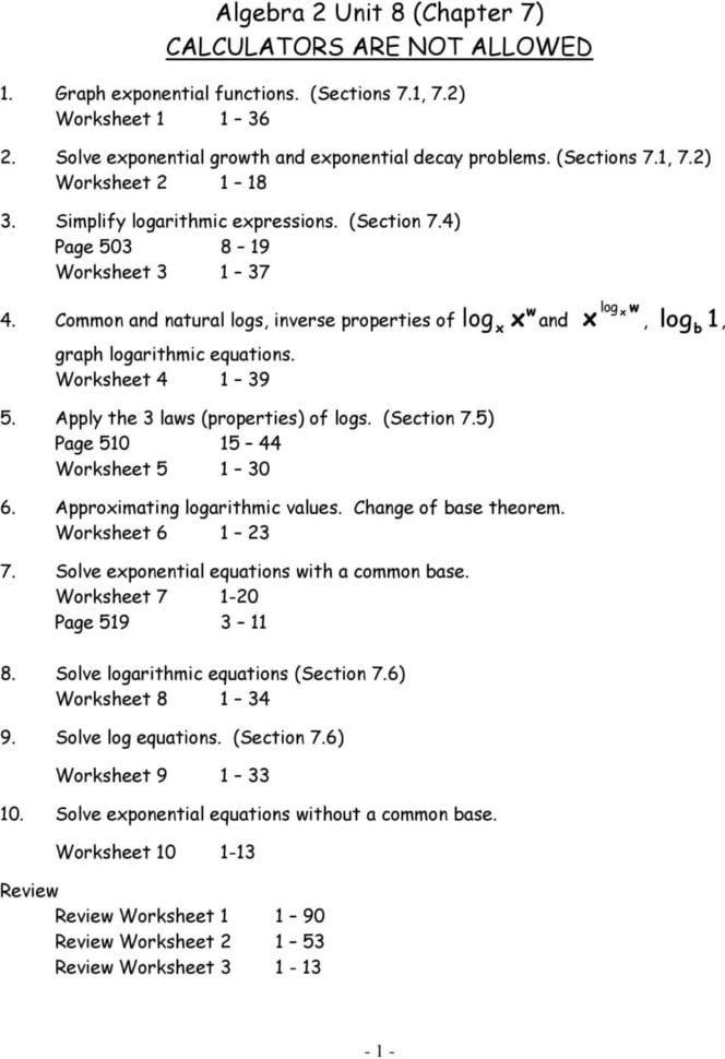 Algebra 2 Unit 8 Chapter 7 Calculators Are Not Allowed  Pdf