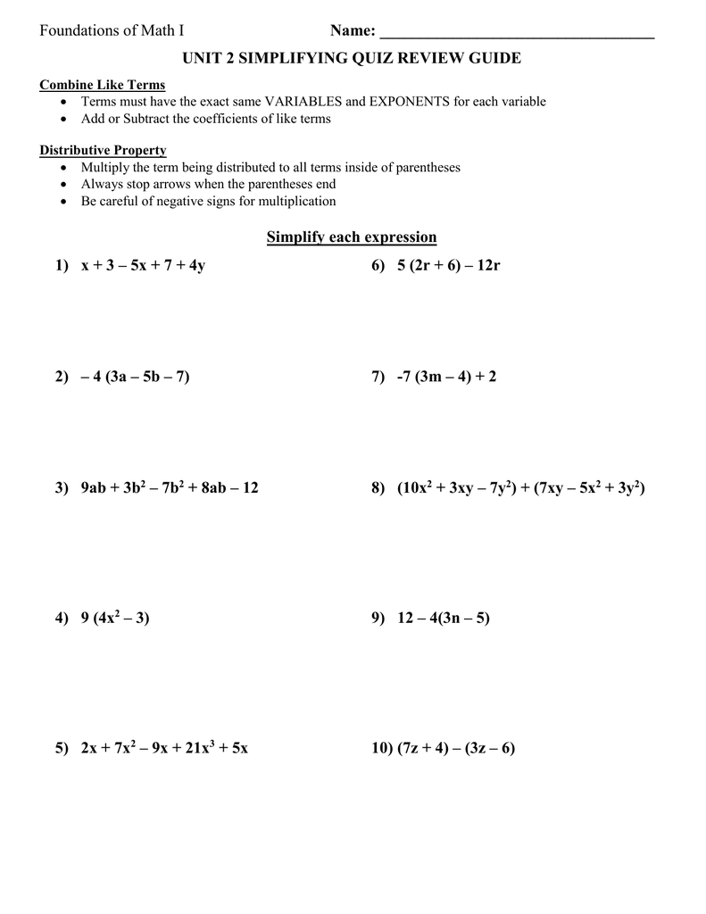 Algebra I Distributive Property Worksheet