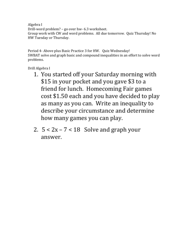 Algebra I Drillword Problem – Go Over Hw