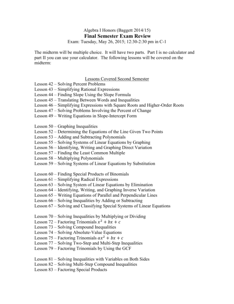 Algebra Ia Ft Semester Exam Review