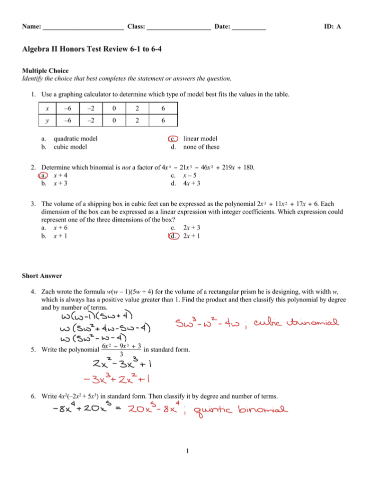 Algebra Ii Honors Test Review 61 To 64