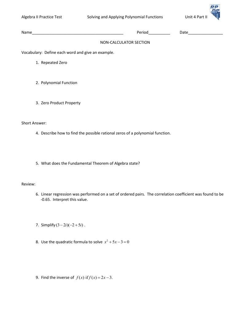 Algebra Ii Practice Testsolving And Applying Polynomial