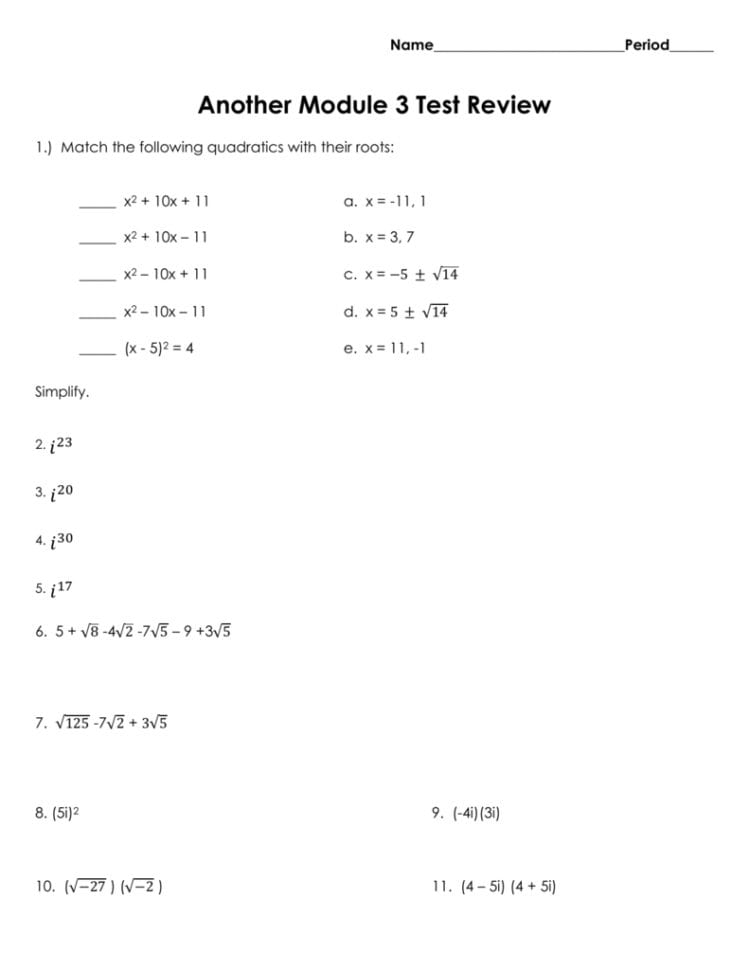 Algebra Review Worksheet On Quadratics