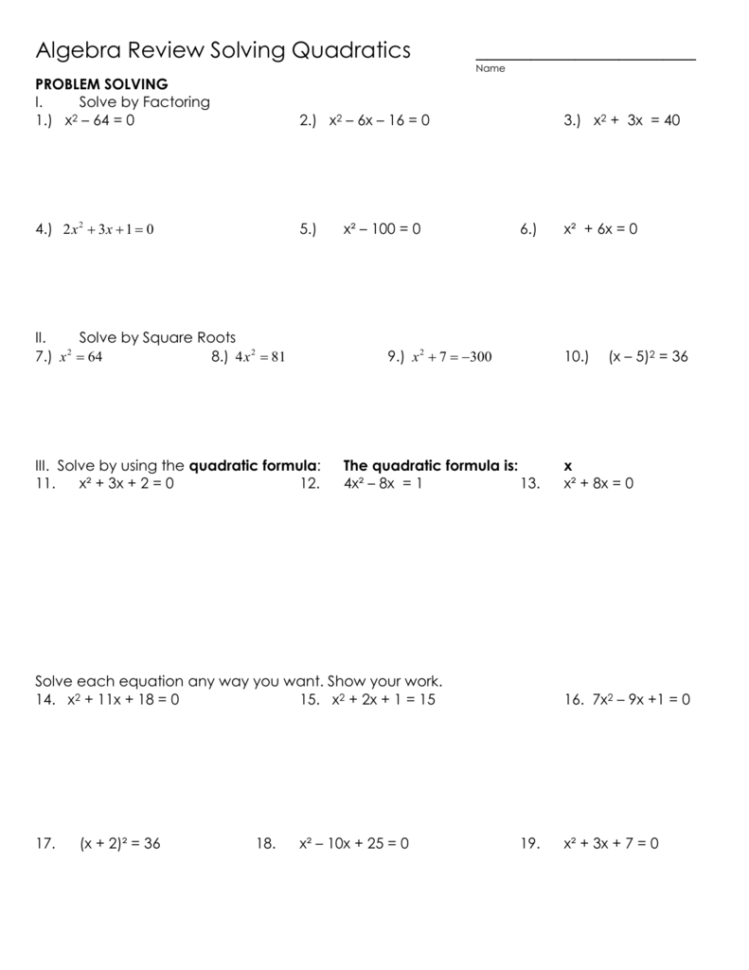solving quadratic equations by any method worksheet