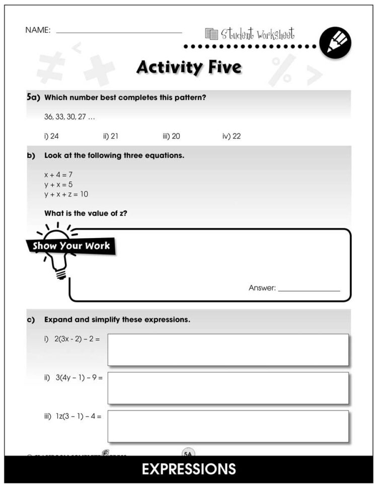 Algebra  Task Sheets Gr 35  Bonus Worksheets  Grades 3