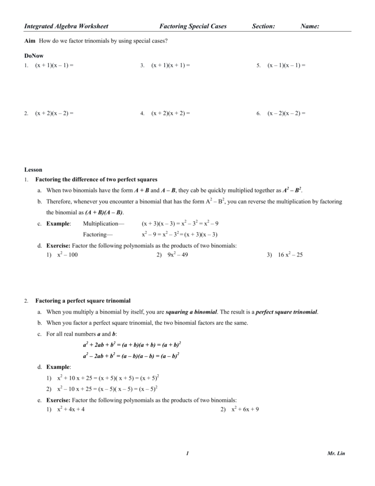 Algebra Worksheet 04Factoring Special Cases