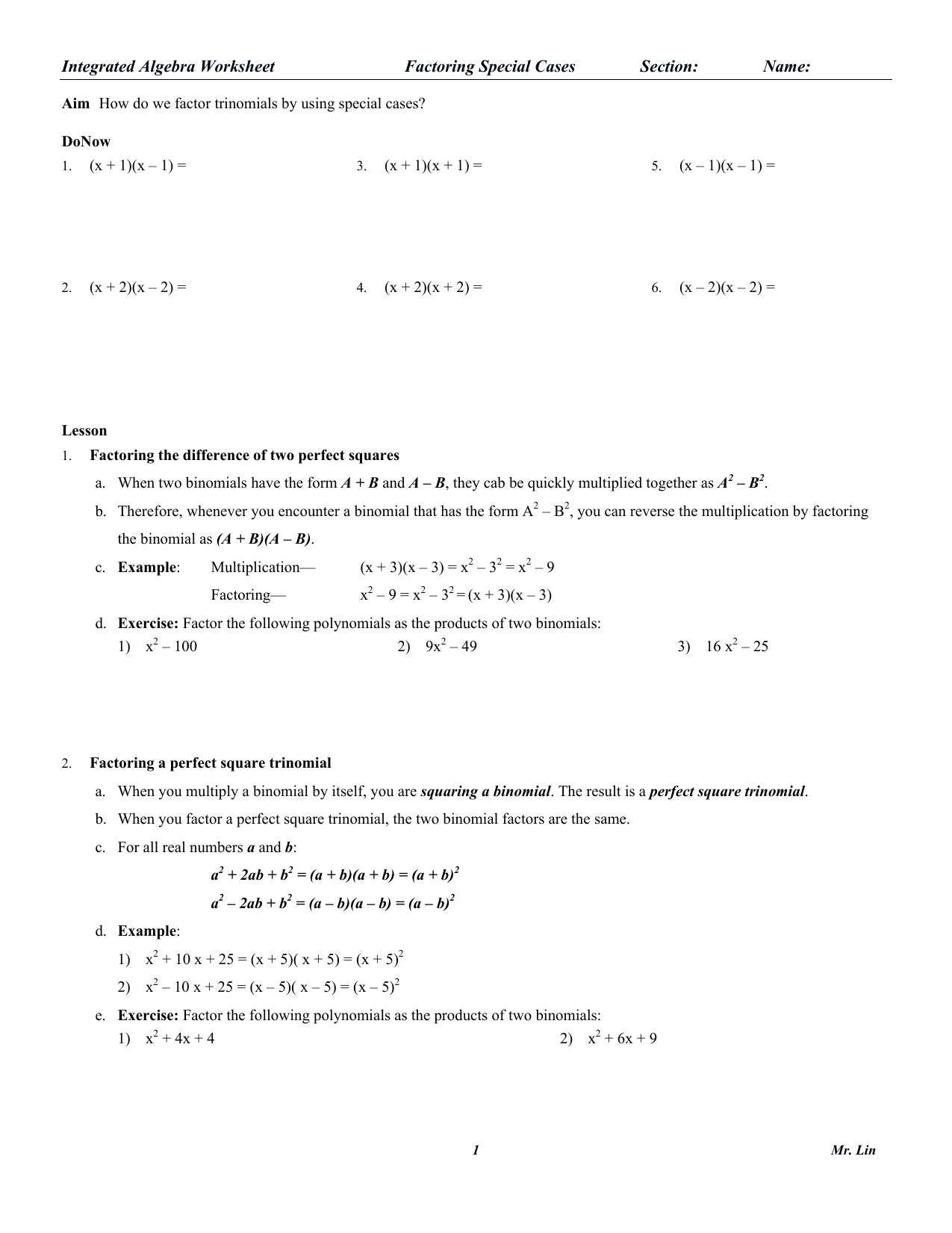 Algebra Worksheet 04Factoring Special Cases