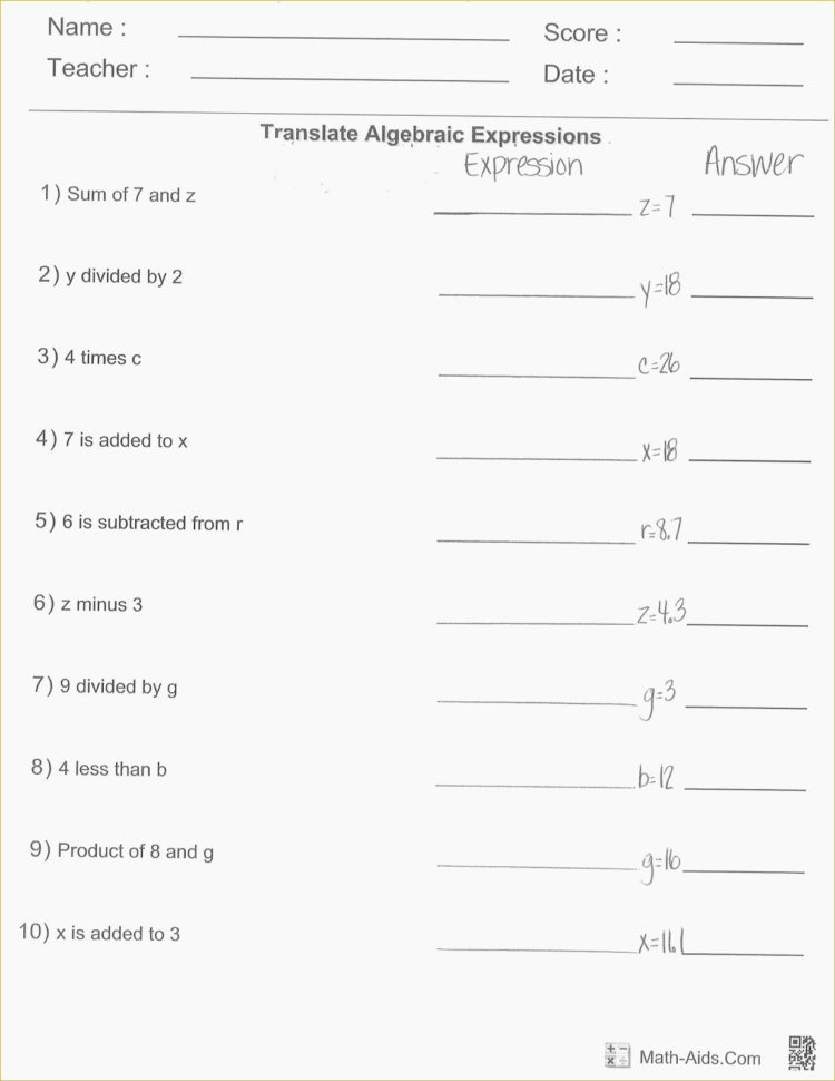Algebraic Expressions Worksheets With Answers