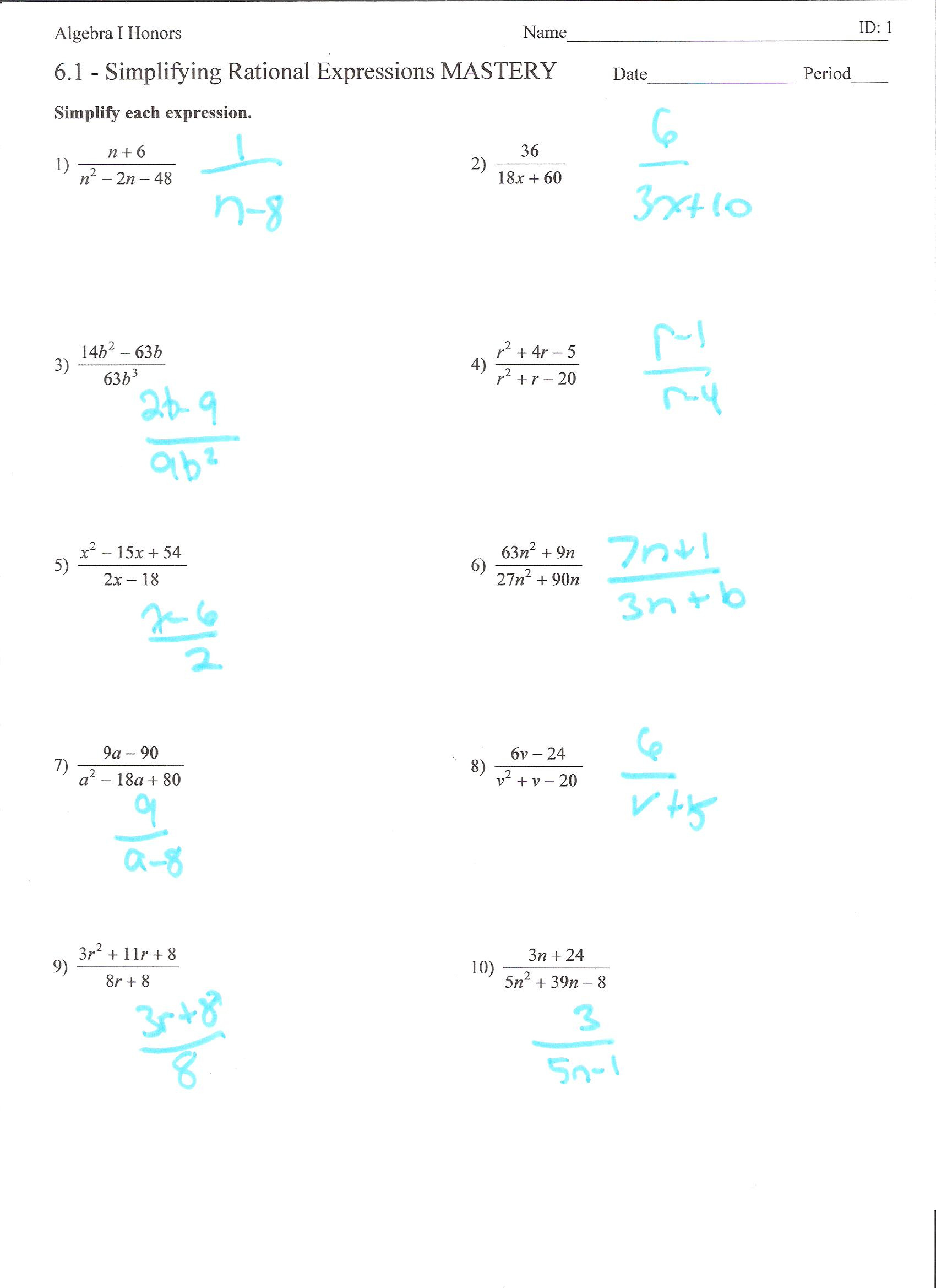 Algebraic Expressions Worksheets With Answers