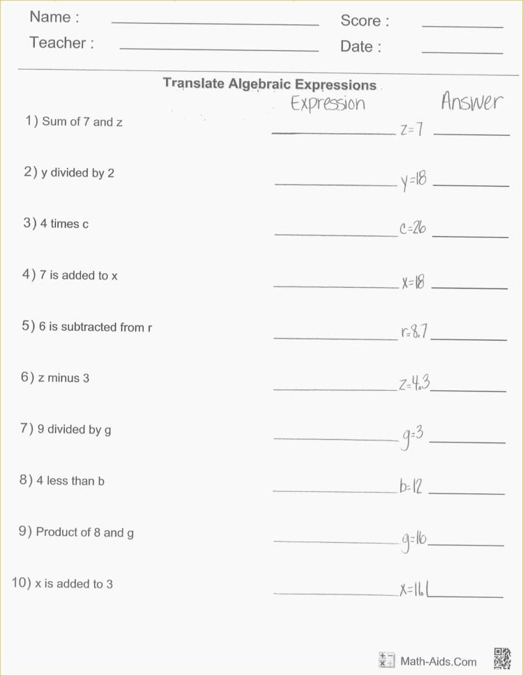 Algebraic Expressions Worksheets With Answers