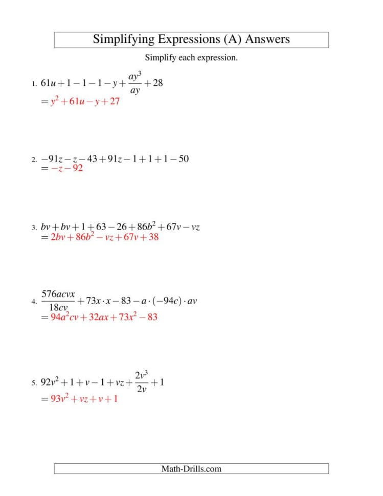 Algebraic Expressions Worksheets With Answers