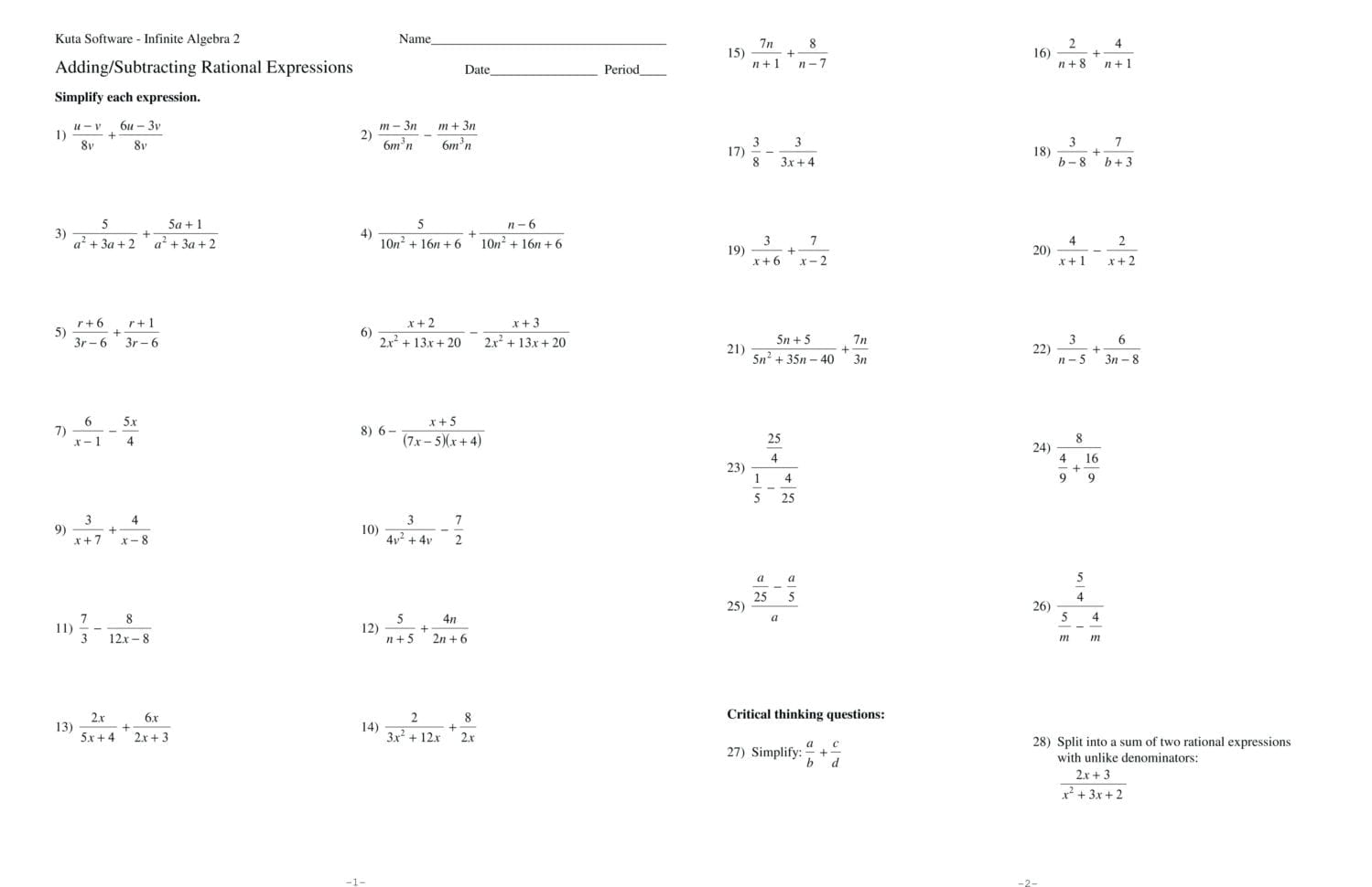 Algebraic Expressions Worksheets With Answers Db excel