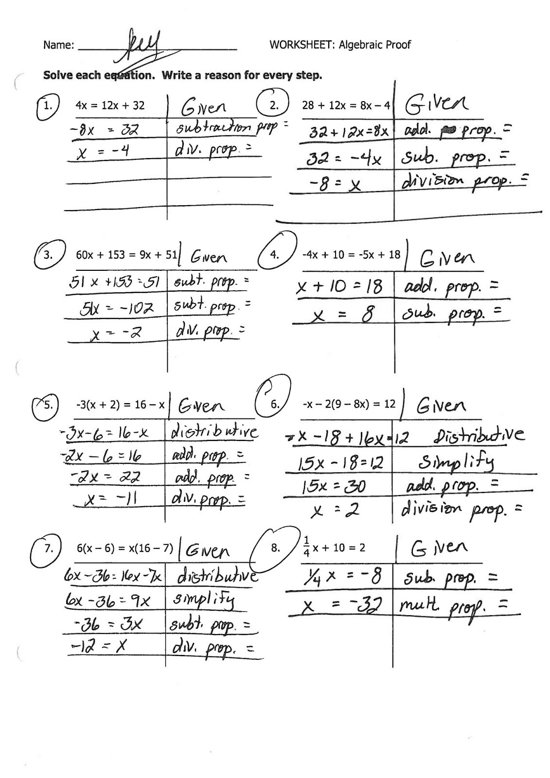 algebraic proofs homework answer key