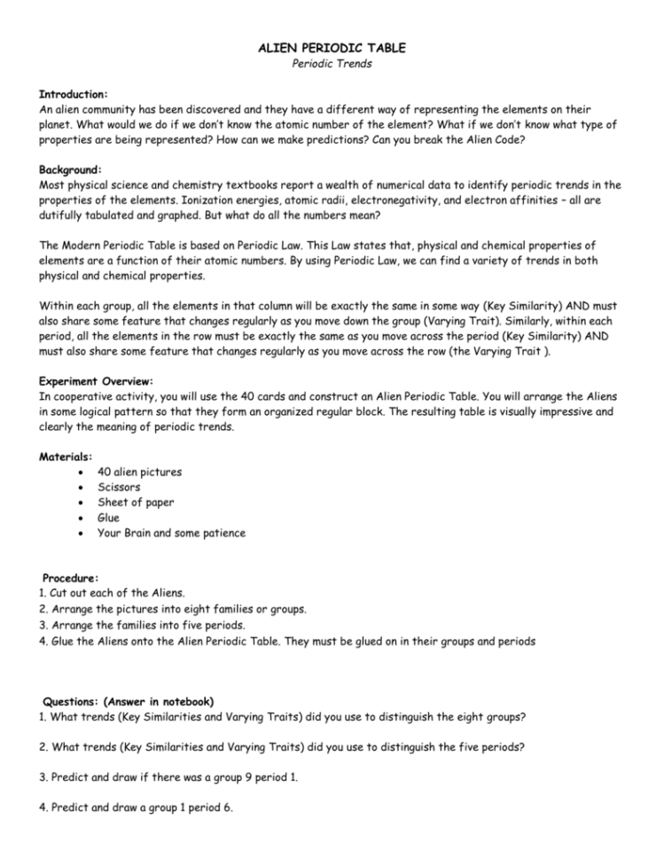 Alien Periodic Table Periodic Trends Introduction An Alien