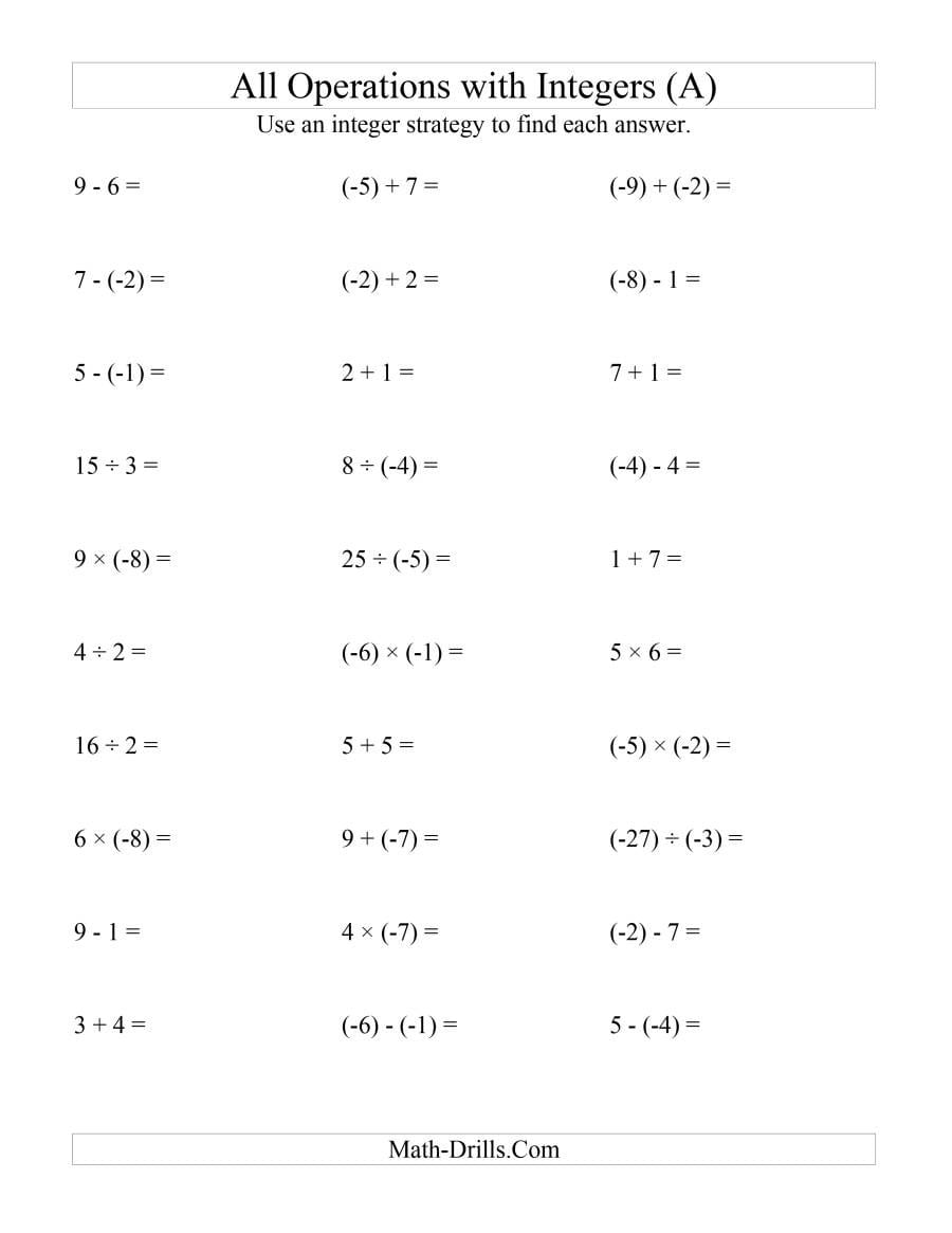 All Operations With Integers Range 9 To 9 With Negative