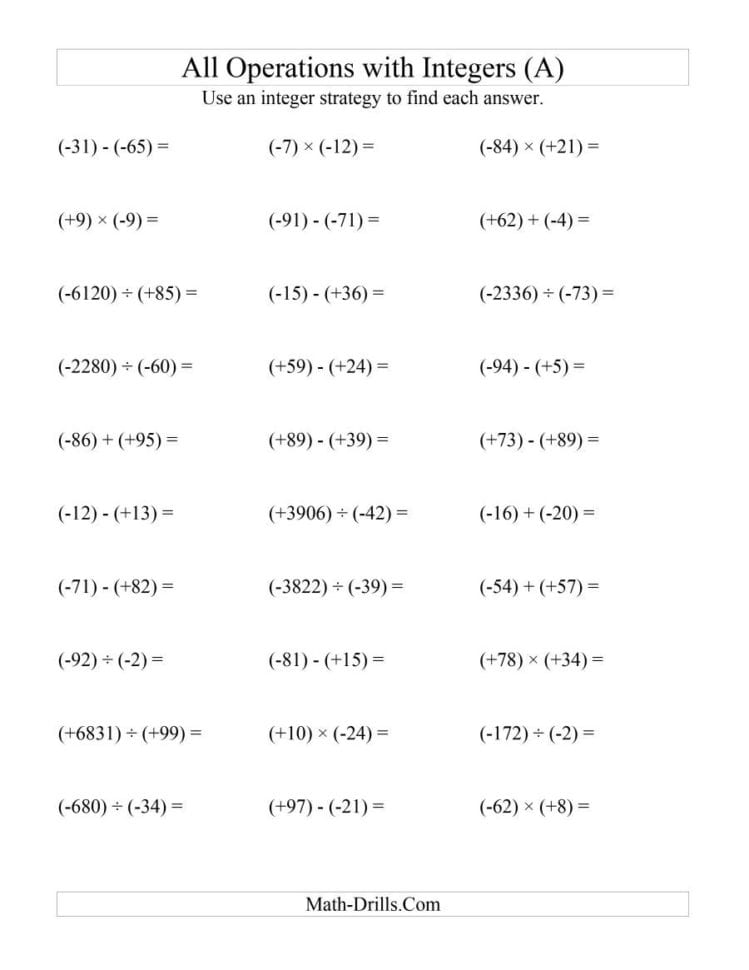 All Operations With Integers Range 99 To 99 With All