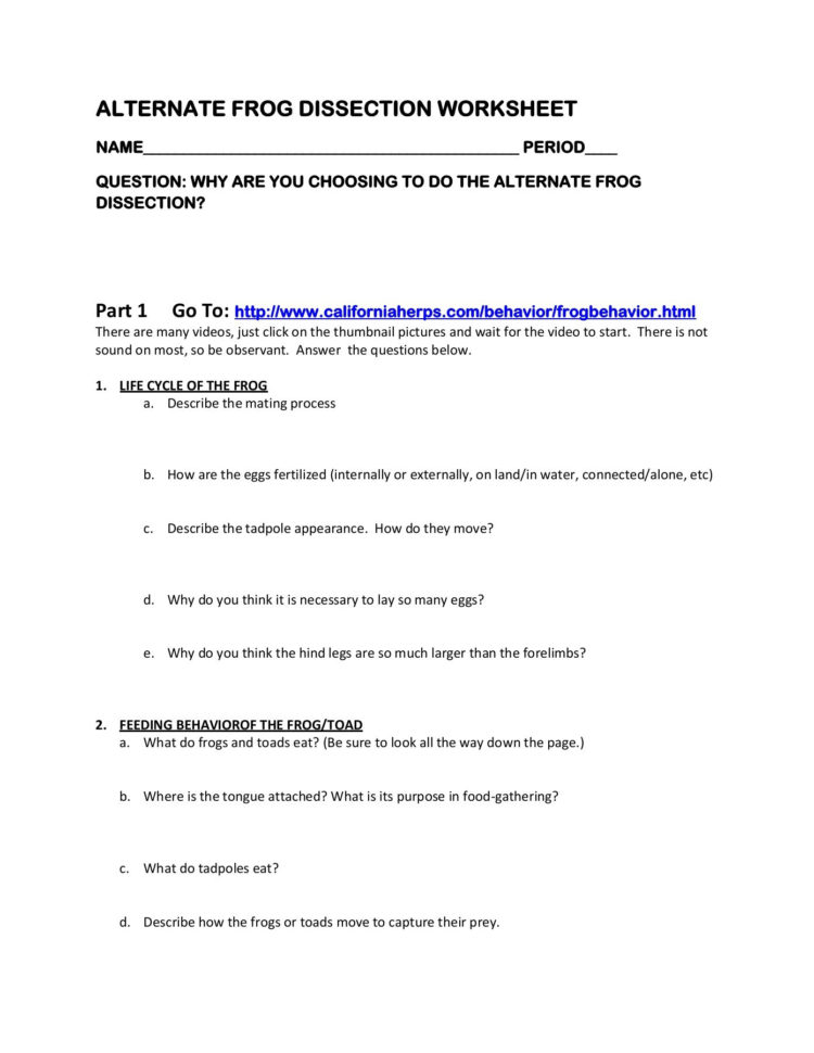 Alternate Frog Dissection Worksheet